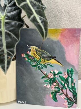 Yellow Bird on Floral Branch Painting